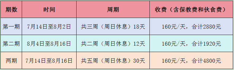暑假班时间、费用详情 暑假班时间、费用详情